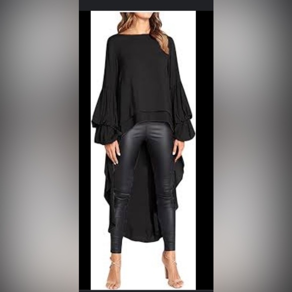 PrettyGarden Black High Low Bubble Sleeve Chiffon Blouse Drama Asymmetrical Top‎ - Picture 2 of 6